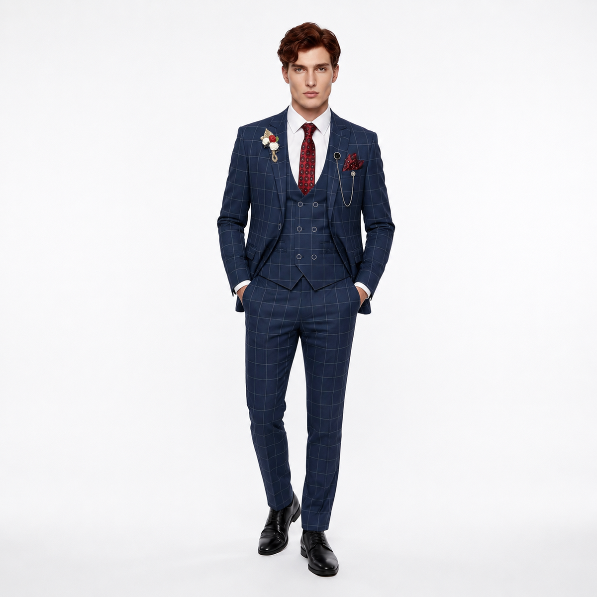 Formal Men's Suit 3 Pieces Business Plaid Solid Peak Lapel Tuxedos (Blazer+Vest+Pants)