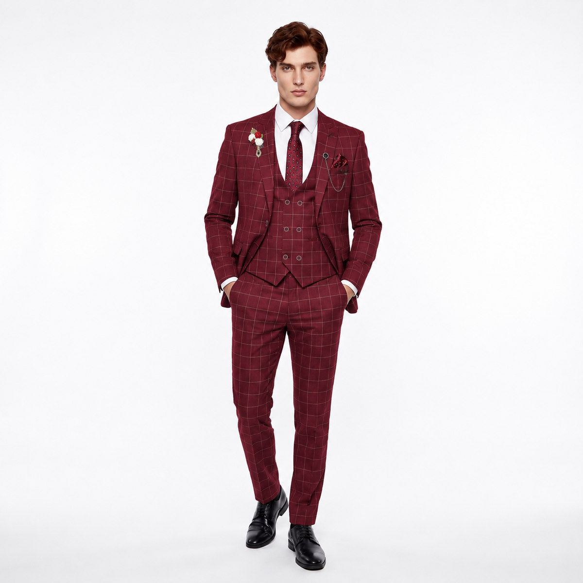 Formal Men's Suit 3 Pieces Business Plaid Solid Peak Lapel Tuxedos (Blazer+Vest+Pants)
