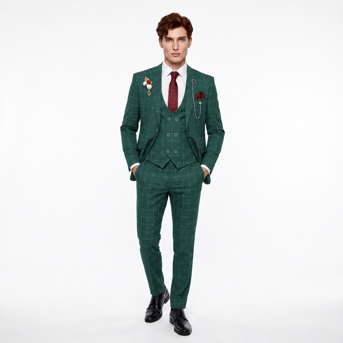 Formal Men's Suit 3 Pieces Business Plaid Solid Peak Lapel Tuxedos (Blazer+Vest+Pants)