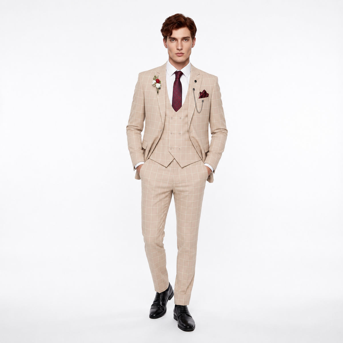 Formal Men's Suit 3 Pieces Business Plaid Solid Peak Lapel Tuxedos (Blazer+Vest+Pants)
