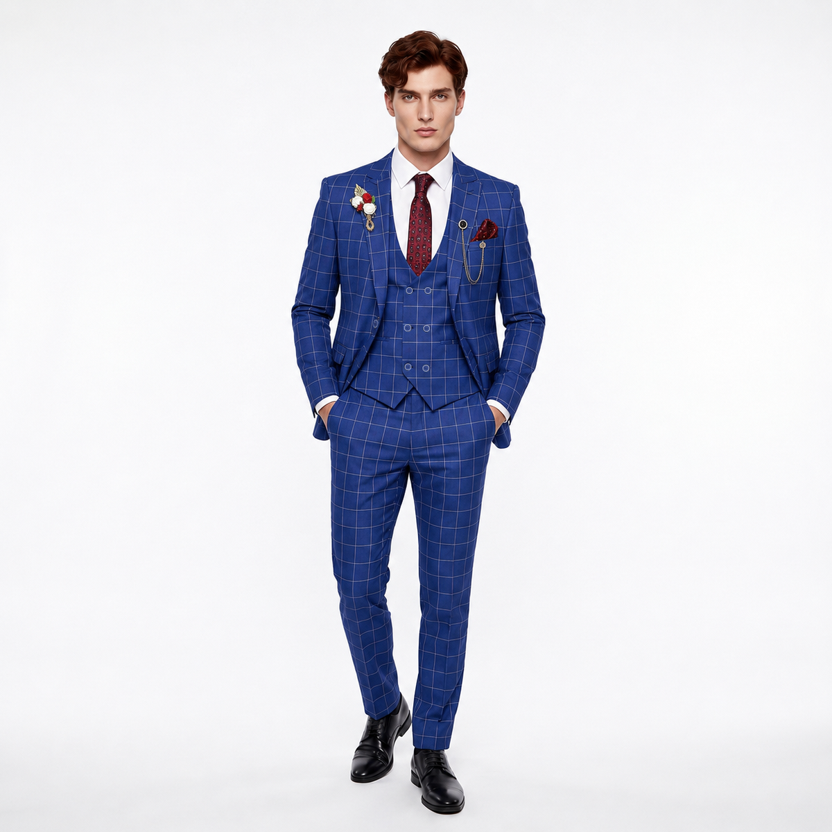 Formal Men's Suit 3 Pieces Business Plaid Solid Peak Lapel Tuxedos (Blazer+Vest+Pants)