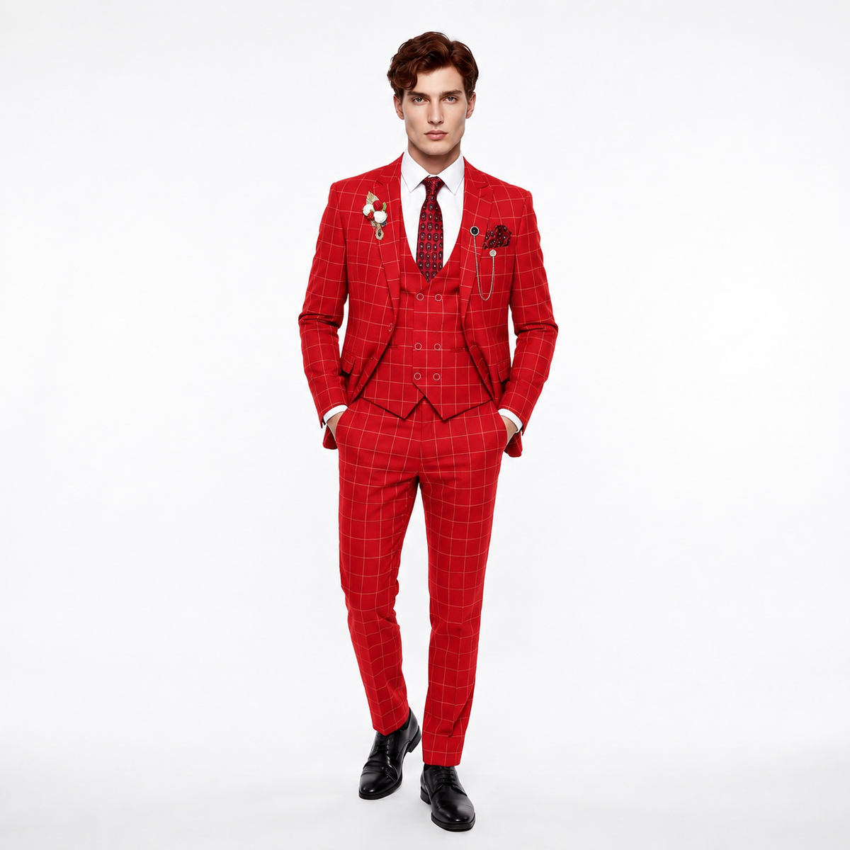 Formal Men's Suit 3 Pieces Business Plaid Solid Peak Lapel Tuxedos (Blazer+Vest+Pants)