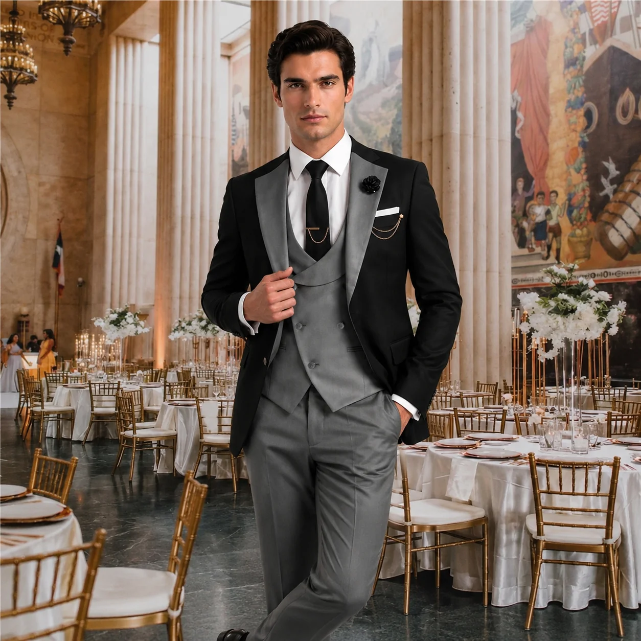 Formal Men's Suits Slim Fit 3 Pieces Notch Lapel Tuxedos (Blazer+Vest+Pant)