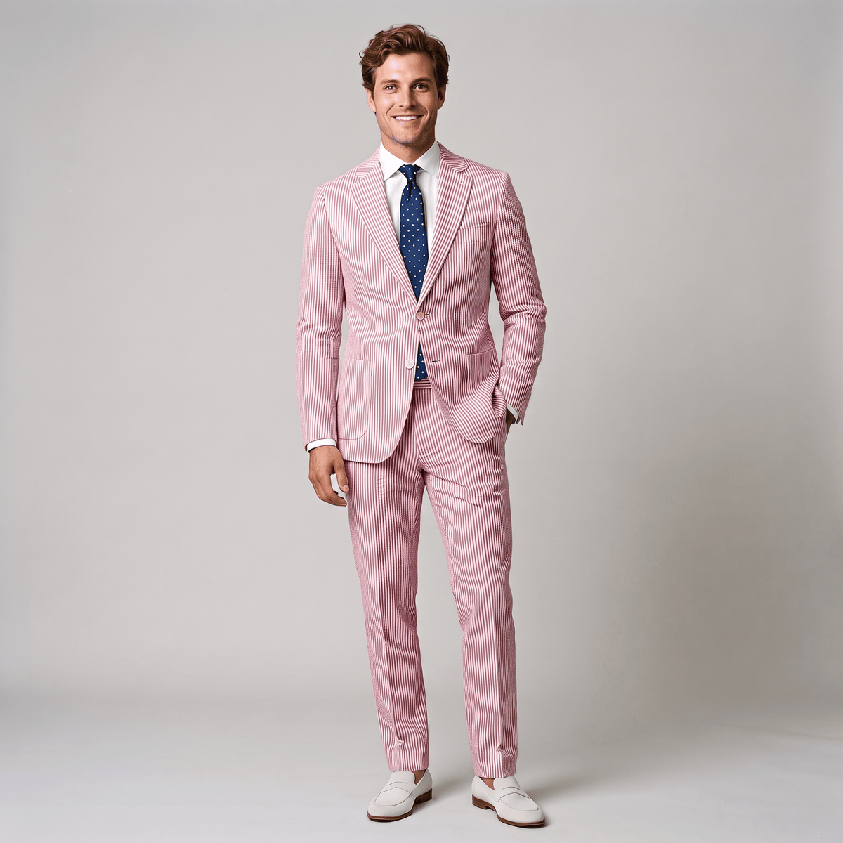 Aesido Fashion Men's 2 Pieces Striped Seersucker Notch Lapel Suit  (Blazer+Pants)