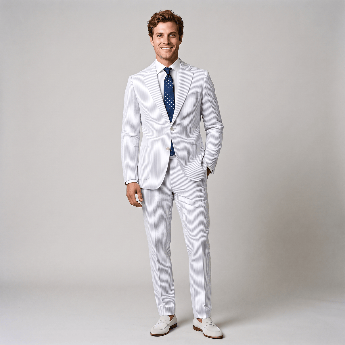 Aesido Fashion Men's 2 Pieces Striped Seersucker Notch Lapel Suit  (Blazer+Pants)