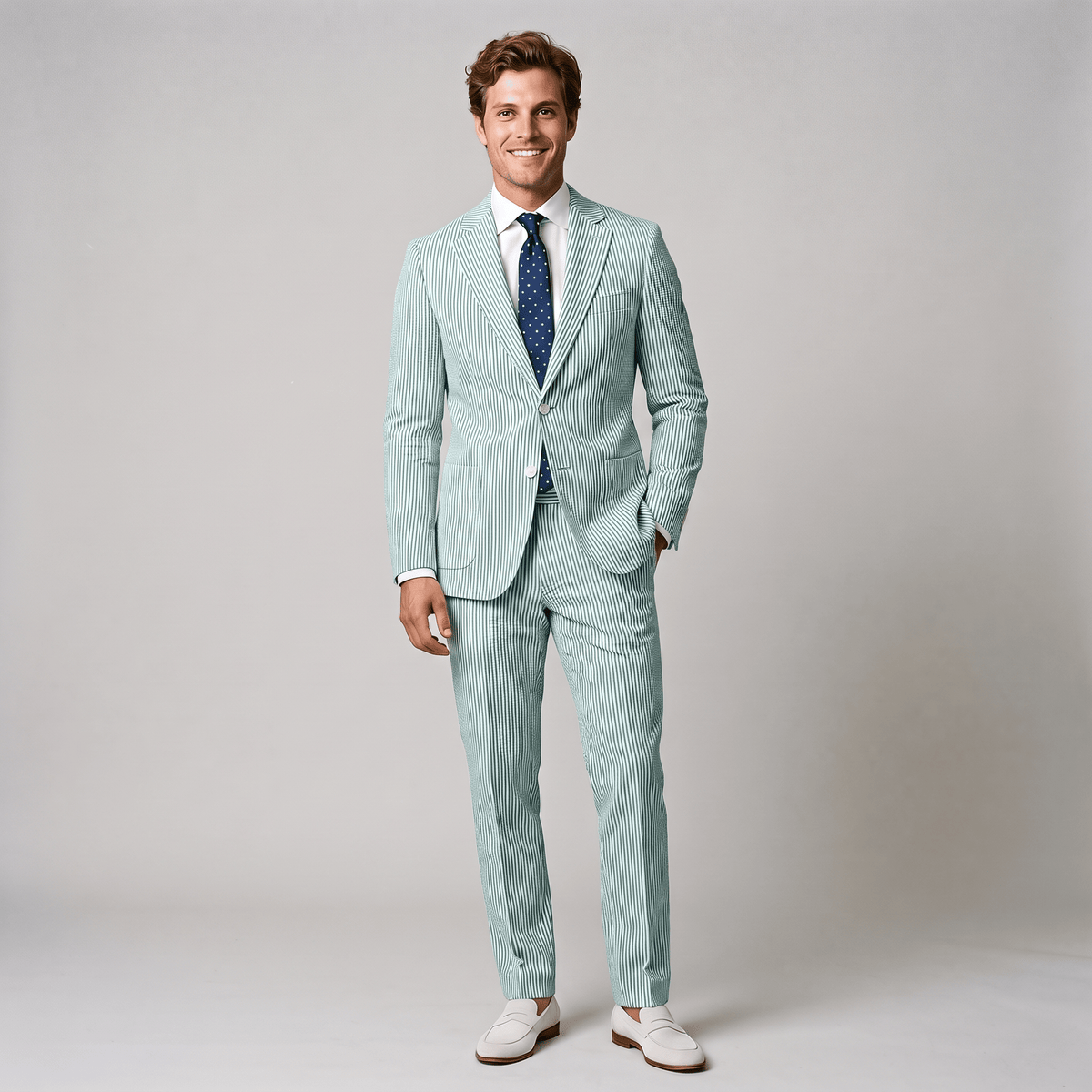 Aesido Fashion Men's 2 Pieces Striped Seersucker Notch Lapel Suit  (Blazer+Pants)