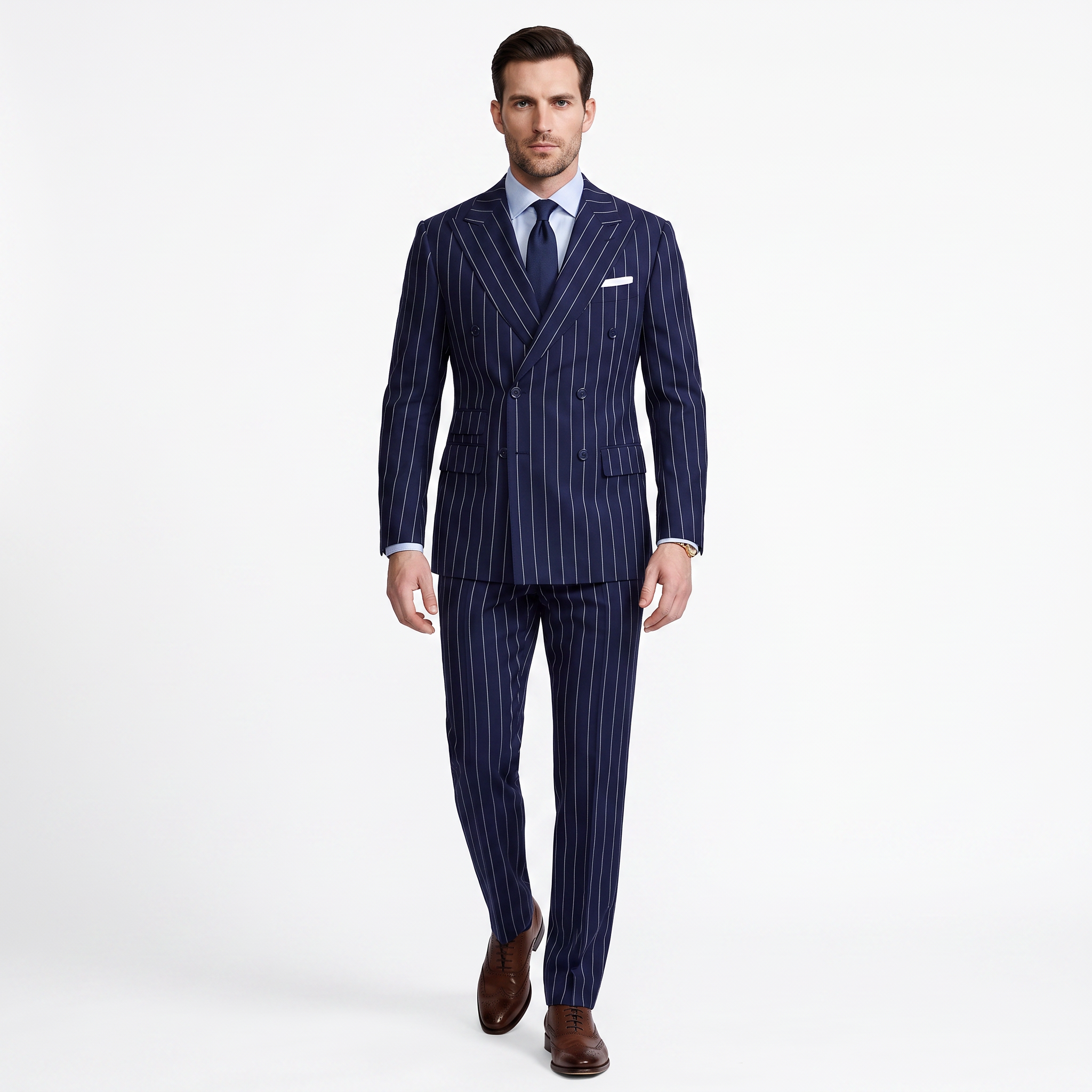 Aesido 2 Pieces Navy Striped Double Breasted Business Slim Peak Lapel Men's Suits  (Blazer+Pants)